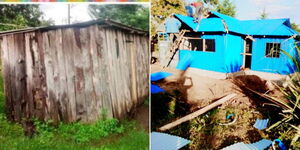 A collage of before and after of a house built for a family in Kieni East in June 2023