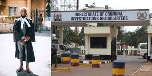 A collage of Brian Mwenda (left) and the DCI headquarters along Kiambu Road (right) 