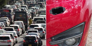 A collage of cars stuck in traffic in Nairobi (left) and a car missing some parts (right)