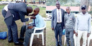 A collage of Chief Peter Kemboi (in suit) admitting a student to form one on January 23, 2024