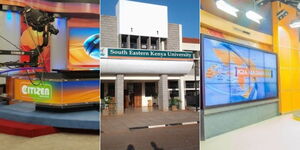 A collage of Citizen Tv studios (left) SEKU university entrance (centre) and K24 Tv studios (right)