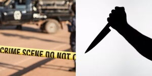 A collage of crime scene tape (left) and a silhouttee of a person holding a knife (right)
