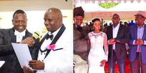 A collage of Dabid Samoei, MP Oscar Sudi and PCS Musalia Mudavadi at MP Abraham Kirwa's wedding on December 23, 2023