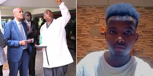 A collage of DCI Amin (in blue suit) alongside other detectives at DJ Fatxo's apartment on Wednesday March 29, 2023 and the late Jeff Mwathi posing for a photo (right)