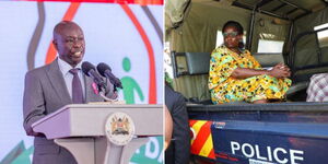 A collage of Deputy President Rigathi Gachagua on October 16 2023 (left) and Meru Governor Kawira Mwangaza in a police land cruiser on October 18 2023 (right) r