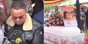 A collage of DJ Brownskin and his wife's casket during her burial in November 2022.