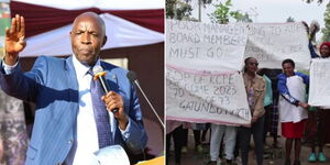 A collage of Education CS Ezekiel Machogu (left) and parents protesting over poor performance in Gatundu  (right)