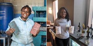 A collage of engineer Nzambi Matee holding bricks (left) and entrepreneur Margaret Nyamumbo with her tea (right)