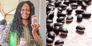 A collage of entrepreneur Mary Wairimu with a container of njahi coffee (left) and several black beans aka njahi (right) 