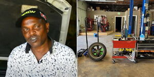 A collage of Evanson Kagia (left) and his garage, N & K Auto Repair shop in Alabama US 