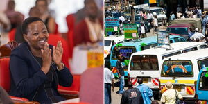 A collage of First Lady Rachel Ruto in Mombasa County (left) and several matatus parked in Nairobi CBD (right)