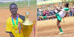 A collage of footballer Aldrine Kibet holding a trophy and on the pitch 
