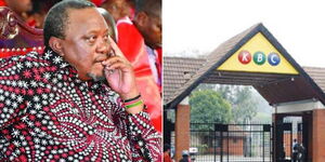 A collage of former President Uhuru Kenyatta (left) and the main gate at KBC, Nairobi (right)