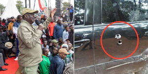 A collage of former Prime Minister Raila Odinga during demonstrations on July 7, 2023 (left) and a bullet hole on one of his vehicles (right)