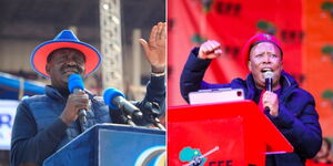 A collage of former Prime Minister Raila Odinga (left) and South Africa's Economic Freedom Fighters Party, leader Julius Malema  (right)