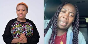 A collage of gospel musician Phyllis Mbuthia at photoshoot (left) and her pleading after losing her account in June 2023