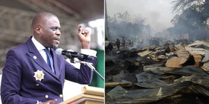 A collage of Governor Johnson Sakaja (left) and the ruins after a fire at Mutindwa market (right)