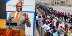 A collage of ICT CS Eliud Owalo on July 31, 2023 (left) and Kenyans lining up at KICC to get their eyes scanned on Tuesday August 1, 2023 (right)