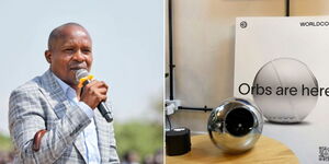A collage of Interior Cabinet Secretary Kithure Kindiki (left) and an orb used by Worldcoin (right)