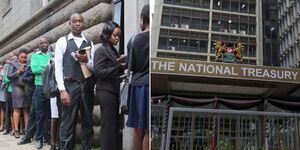 A collage of jobseekers lining up in Nairobi (left) and the entrance at the National Treasury (right)