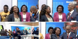 A collage of Joyce Omondi cutting cake with her husband Waihiga Mwaura on  Tuesday May 2, 2023 at Citizen Tv studio