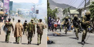 A collage of Kenyan Police on the streets (left) and Haitian police during a protest (right)