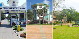 A collage of Kenyatta University (left), Moi University (centre), and Egerton University (right)