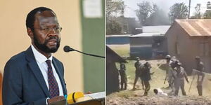 A collage of Kisumu Governor Anyang' Nyong'o on May 7 (and)  screengrab of police officers assaulting residents in Kisumu on Friday July 21, 2023