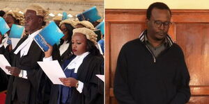 A collage of lawyers being admitted to the bar (left) and murder suspect Kevin Kang'ethe in court (right)