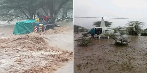 A collage of lorry being carried away (left) and a helicopter rescuing the occupants (right) in Samburu on November 2, 2023  