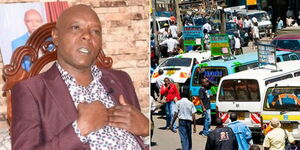 A collage of Maina Njenga during an interview in January 2022 (left) and an aerial view of a matatu pick-up stage in Nairobi (right)