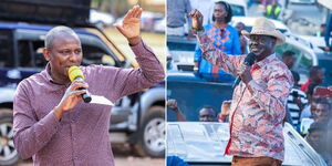 A collage of Majority Leader Kimani Ichung'wah at a local primary school in July 2023 (left) Azimio leader Raila Odinga addressing a crowd on August 26, 2023 (right)