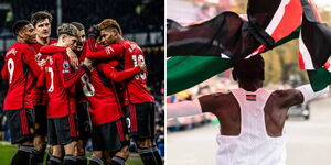 A photo collage of Manchester United Players and Kenyan marathoner Eliud Kipchoge