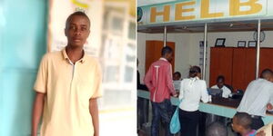 A collage of Martin Njagi (left) and Kenyans seeking help at the HELB offices (right)
