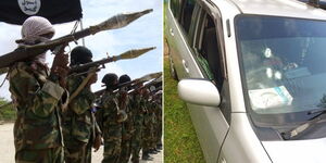 A collage of members of the terror group during a past training session (left) and a vehicle attacked by suspected al-shabaab (right) 