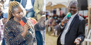 A collage of Mercy Tarus during a meeting on Monday August 7 (left) and Uasin Gishu Governor Jacksson Mandago (right)