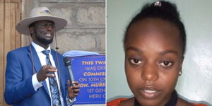 A collage of Meru first gentleman Murega Baichu commissioning a dorm on June 12, 2023 (left) and a screengrab of  Riziki Murega (right)ki i