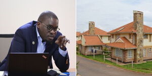 A collage of Nairobi Governor Johnson Sakaja (left) and a gated estate in Runda (right)
