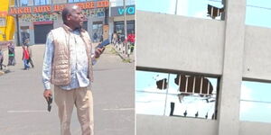 A collage of  Nakuru Town West MP Samuel Arama holding a gun (left) and his hotel with broken windows after protests on Wednesday July 19, 2023