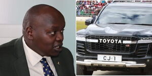 A collage of Nandi Senator Samson Cherargei (left) and a CJ Martha Koome's car (right)