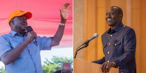 A collage of ODM party leader Raila Odinga during a rally on January 27, 2024 (left) and President William Ruto in Japan on February 7, 2024 (right)