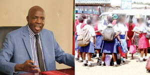 A collage of of Education CS Ezekiel Machogu (left) and high school girls at a bus stop (right)