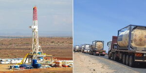 A collage of operations at an oil well in Turkana County (left) and crude oil trucks leaving Turkana (right)
