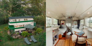 A collage of outside and inside the Brandy Bus in Karen