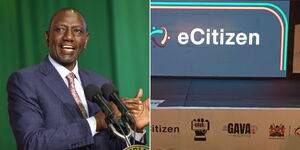 A collage of President William Ruto and the set up at for the launch of Gava Mkononi at KICC on Friday June 30, 2023