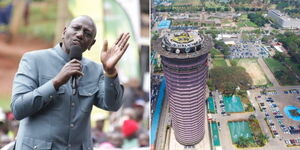 A collage of President William Ruto (left) and an aerial view of the KICC in Nairobi (right)