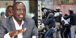 A collage of President William Ruto (left) and Hiatian police at a past operation (right)