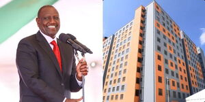 A collage of President William Ruto (left) and one of the housing units under the Affordable Housing Project (right)