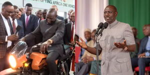 A collage of President William Ruto on an electric bike on Tuesday July 25 (left) and him at a church service on Sunday July 23, 2023