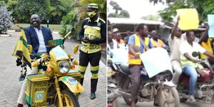 A collage of President William Ruto on motorcycle (left) and boda riders protesting on January 4, 2024 (right)